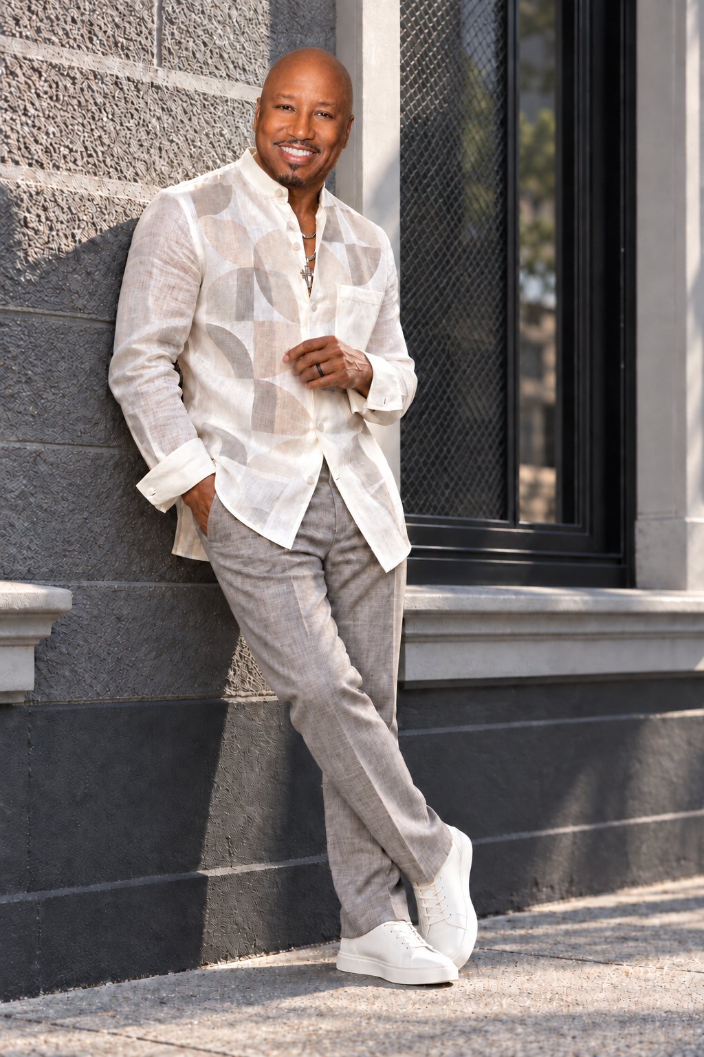 Gather Williams in a cream linen shirt